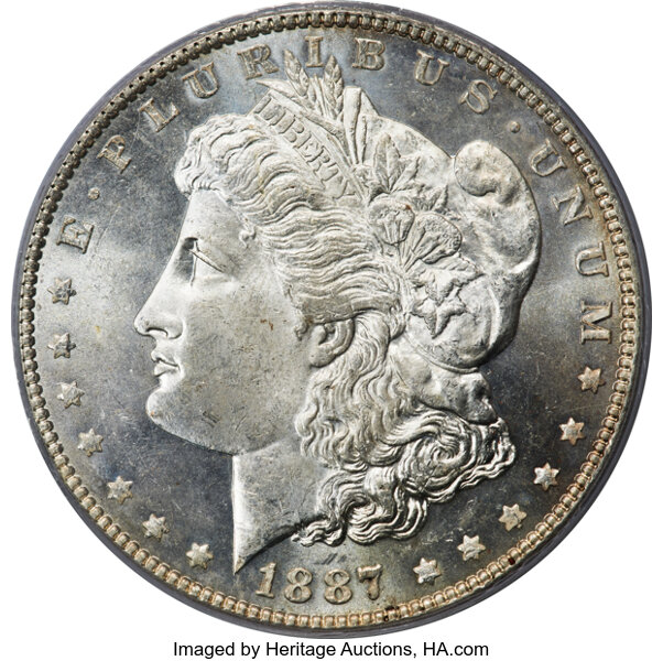 image for: 1887/6 $1 VAM-2 MS64 Deep Mirror Prooflike PCGS. A Top 100 Variety. The lower curve of a 6 is visible at the base of the 7 ...