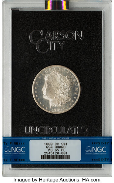 image for: 1880-CC $1 GSA MS65 Prooflike NGC. Box and COA Included. CDN: $1,300 Whsle. Bid for NGC/PCGS MS65. Mintage 591,000....