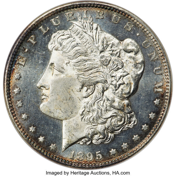 image for: 1895-S $1 S Over Horizontal S, VAM-4, MS63 Deep Mirror Prooflike NGC. A Top 100 Variety. The S mintmark has been repunched ...