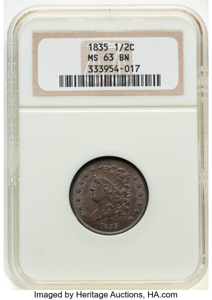 image for: 1835 1/2 C C-1, B-1, R.1, MS63 Brown NGC. Housed in a Generation 5 fatty holder. NGC Census: (140/183). PCGS Population: (1...