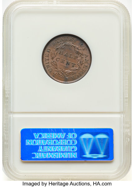 image for: 1835 1/2 C C-1, B-1, R.1, MS63 Brown NGC. Housed in a Generation 5 fatty holder. NGC Census: (140/183). PCGS Population: (1...
