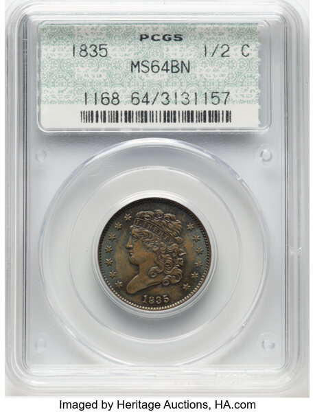 image for: 1835 1/2 C C-1, B-1, R.1, MS64 Brown PCGS. Housed in a Generation 2.0 Doily label holder. CDN: $575 Whsle. Bid for NGC/PCGS...
