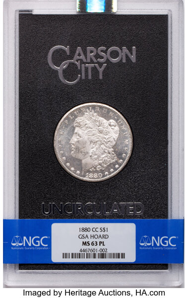 image for: 1880-CC $1 GSA MS63 Prooflike NGC. VAM-10. COA and original box included. Mintage 591,000....