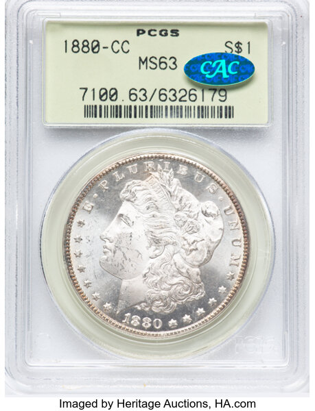 image for: 1880-CC $1 8 Over Low 7, VAM-6, MS63 PCGS. CAC. A Top 100 Variety. Housed in a Generation 3.0 green label holder. PCGS Popu...
