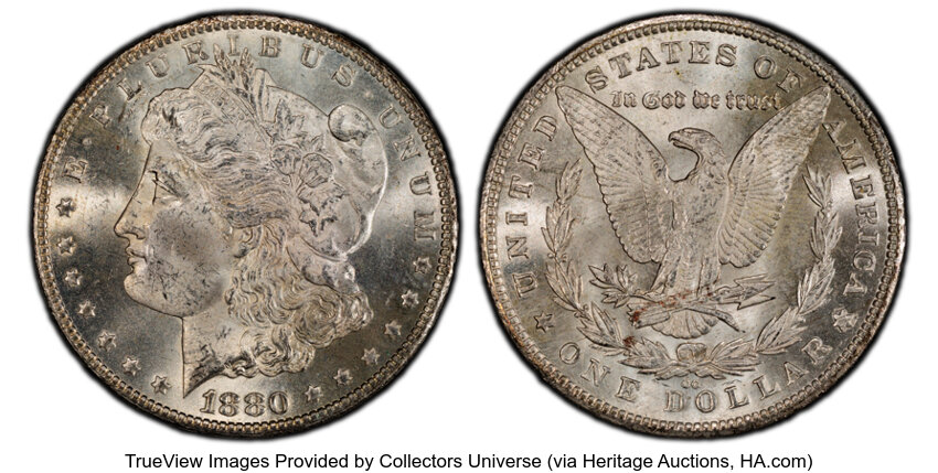image for: 1880-CC $1 8 Over High 7, VAM-5, MS64 PCGS. A Top 100 Variety....