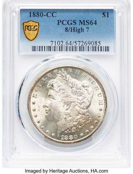 image for: 1880-CC $1 8 Over High 7, VAM-5, MS64 PCGS. A Top 100 Variety....