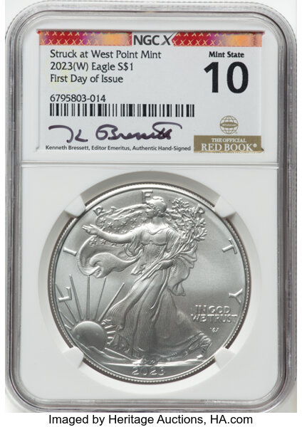 image for: 2023-(W) $1 Silver Eagle, Struck at West Point, First Day Issue, Mint State 10 NGCX. Kenneth Bressett. Authentic Hand-Signe...