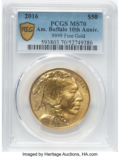 image for: 2016 $50 One-Ounce Gold Buffalo, 10th Anniversary, .9999 Fine, MS70 PCGS....
