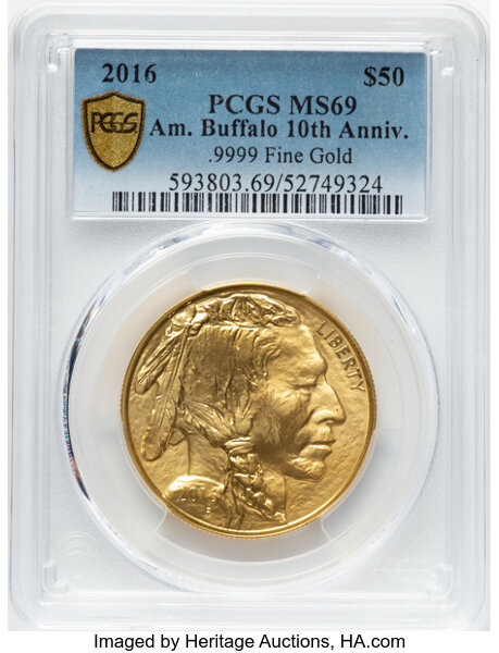 image for: 2016 $50 One-Ounce Gold Buffalo, 10th Anniversary, .9999 Fine, MS69 PCGS....