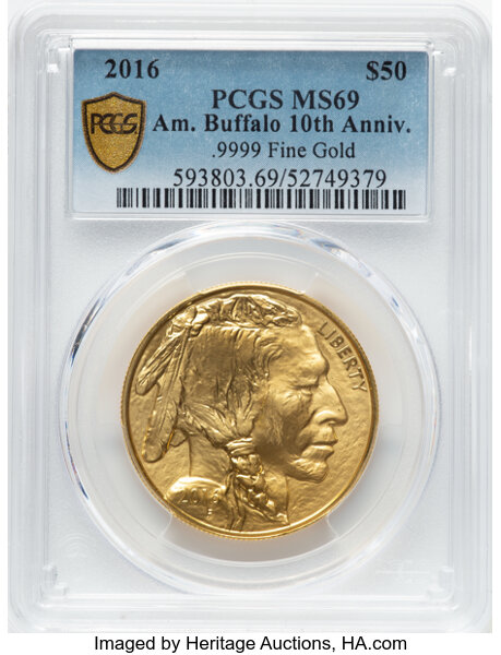 image for: 2016 $50 One-Ounce Gold Buffalo, 10th Anniversary, .9999 Fine, MS69 PCGS....