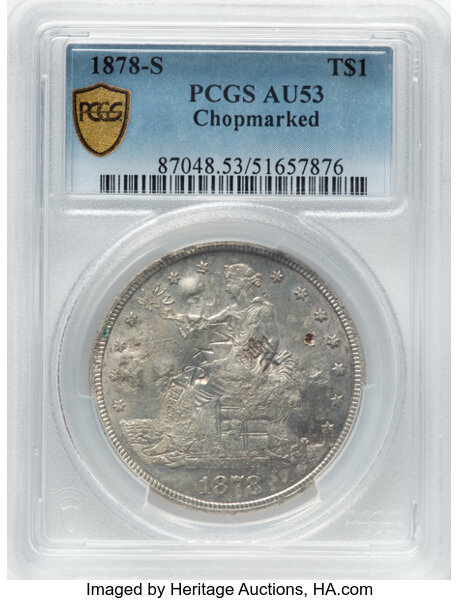 image for: 1878-S T$1 Chop Mark AU53 PCGS. PCGS Population: (10/39).  ...