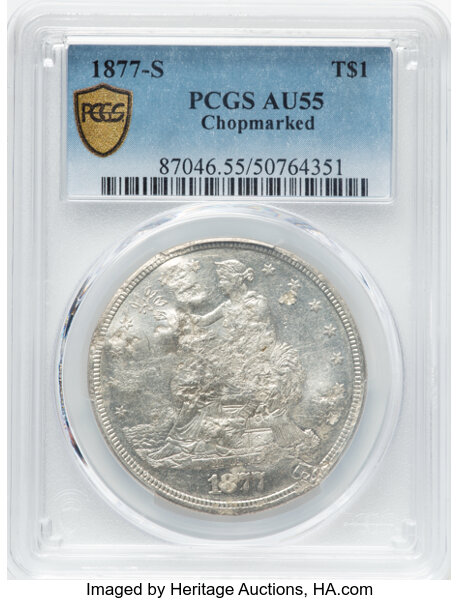 image for: 1877-S T$1 Chop Mark AU55 PCGS. PCGS Population: (55/149 and 0/4+).  ...