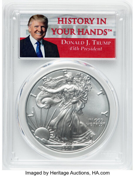 image for: 2017-W $1 Silver Eagle, Burnished, First Day of Issue, 1 of 1,000, D. Trump SP70 PCGS. Ex: Donald J. Trump. 45th President....