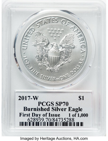 image for: 2017-W $1 Silver Eagle, Burnished, First Day of Issue, 1 of 1,000, D. Trump SP70 PCGS. Ex: Donald J. Trump. 45th President....