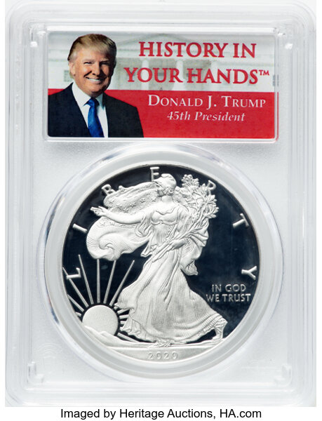 image for: 2020-S $1 Silver Eagle PR70 Deep Cameo PCGS. Ex: Donald J. Trump. 45th President. CDN: $73 Whsle. Bid for NGC/PCGS PR70....