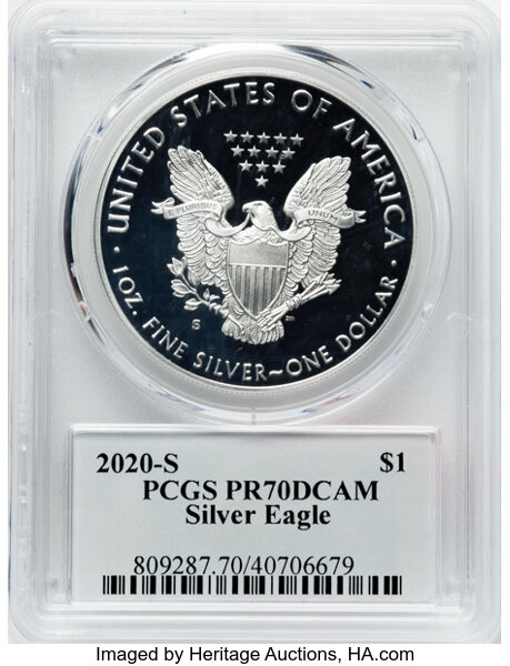 image for: 2020-S $1 Silver Eagle PR70 Deep Cameo PCGS. Ex: Donald J. Trump. 45th President. CDN: $73 Whsle. Bid for NGC/PCGS PR70....