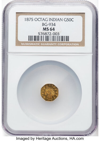 image for: 1875 50C Indian Octagonal 50 Cents, BG-934, R.4, MS64 NGC. NGC Census: (2/0).  ...