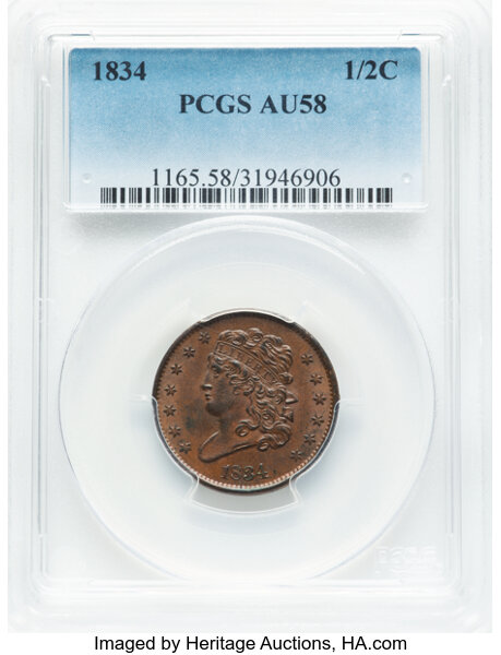 image for: 1834 1/2 C C-1, B-1, R.1, AU58 PCGS.  Mintage 141,000....
