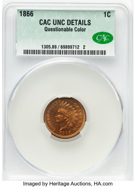 image for: 1866 1C Repunched Date, Snow-3a, FS-302 -- Questionable Color -- CACG Details. Unc.  Mintage 725....