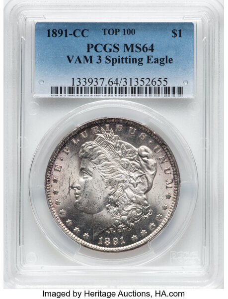 image for: 1891-CC Spitting Eagle, VAM-3  $1  PCGS MS64