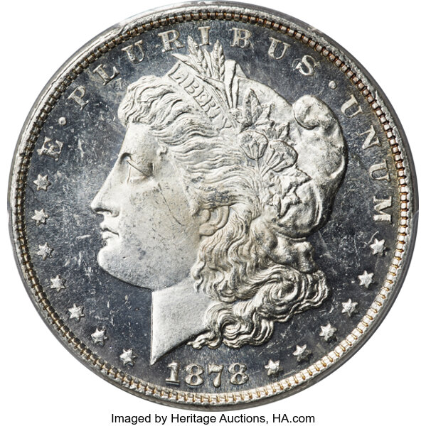 image for: 1878 7TF $1 Reverse of 1879 MS64+ Deep Mirror Prooflike PCGS. This Deep Mirror Prooflike dollar displays stark white-on-bla...