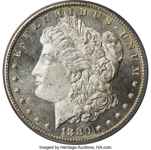 image for: 1880-CC $1 8 Over Low 7, VAM-6, MS65 Deep Mirror Prooflike PCGS. A Top 100 Variety. The diagnostics listed by www.vamworld....