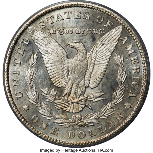 image for: 1880-CC $1 8 Over Low 7, VAM-6, MS65 Deep Mirror Prooflike PCGS. A Top 100 Variety. The diagnostics listed by www.vamworld....