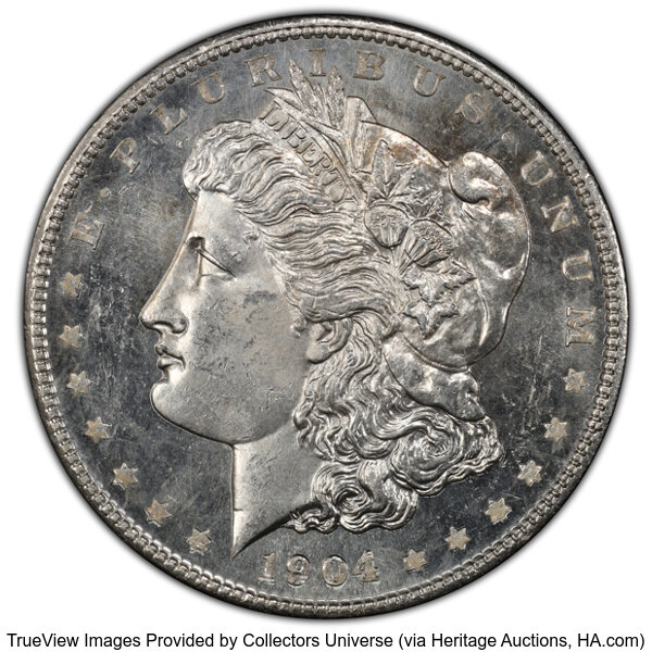 image for: 1904 $1 MS64+ Prooflike PCGS. CAC. The 1904 is seldom located with prooflike fields, and when encountered, such coins tend ...