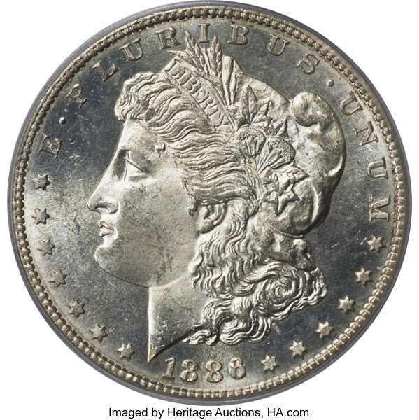 image for: 1886-S/S $1 VAM-2, MS64 Deep Mirror Prooflike PCGS.  A Top 100 Variety. The mintmark was initially entered with a tilt ...