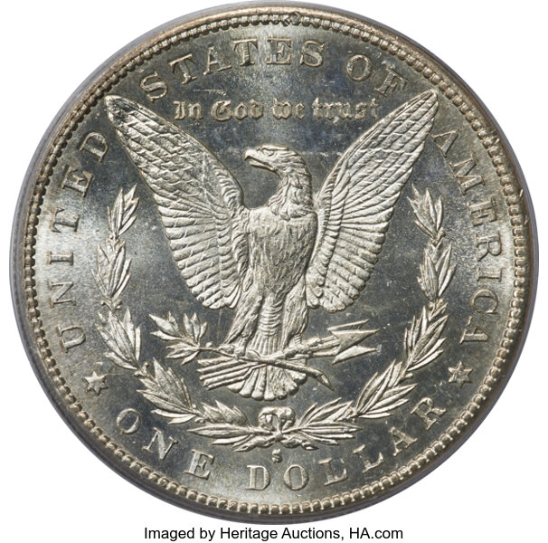 image for: 1886-S/S $1 VAM-2, MS64 Deep Mirror Prooflike PCGS.  A Top 100 Variety. The mintmark was initially entered with a tilt ...