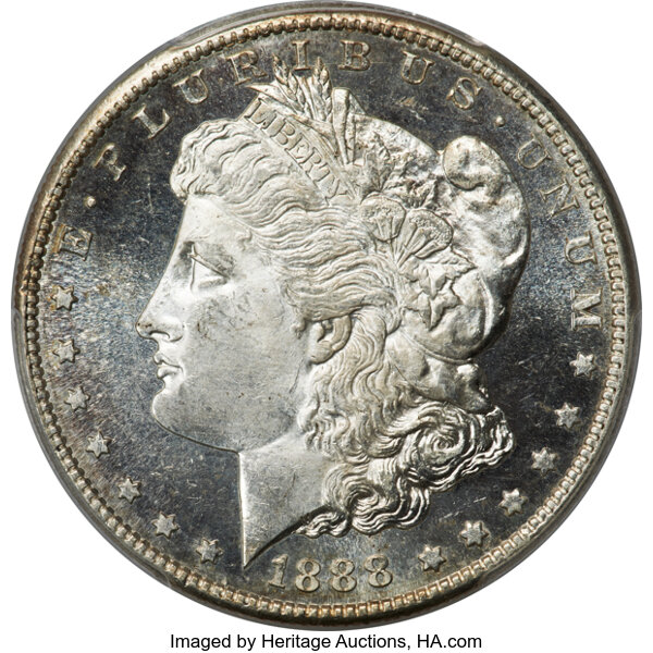 image for: 1888-S $1 MS64 Deep Mirror Prooflike PCGS. A stone-white silver dollar whose glassy fields, crisp strike, and modest cameo ...