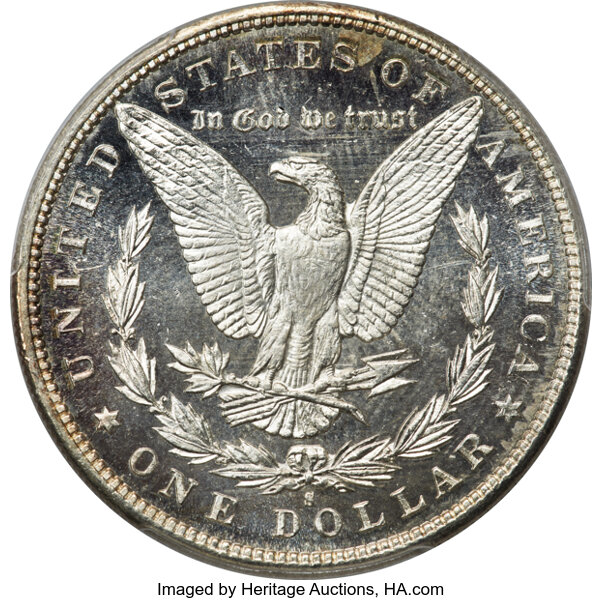 image for: 1888-S $1 MS64 Deep Mirror Prooflike PCGS. A stone-white silver dollar whose glassy fields, crisp strike, and modest cameo ...
