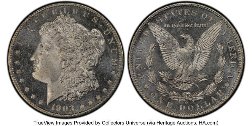 image for: 1903-O $1 MS65 Deep Mirror Prooflike PCGS. Once valued higher than the 1889-CC, the 1903-O Morgan ceased to be a rarity in ...