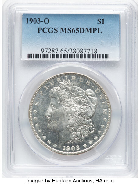 image for: 1903-O $1 MS65 Deep Mirror Prooflike PCGS. Once valued higher than the 1889-CC, the 1903-O Morgan ceased to be a rarity in ...