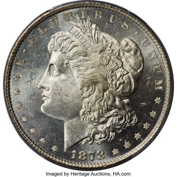 image for: 1878 8TF $1 Broken R & B, VAM-21, MS65 Prooflike PCGS. CAC. The bases of the R and B in PLURIBUS appear broken from doublin...