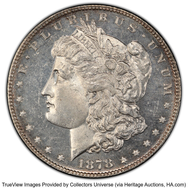 image for: 1878 7/8TF $1 Strong, VAM-38, MS65+ Prooflike PCGS. A 7/5 tailfeather variety, VAM-38 is attributed in part by a partially ...