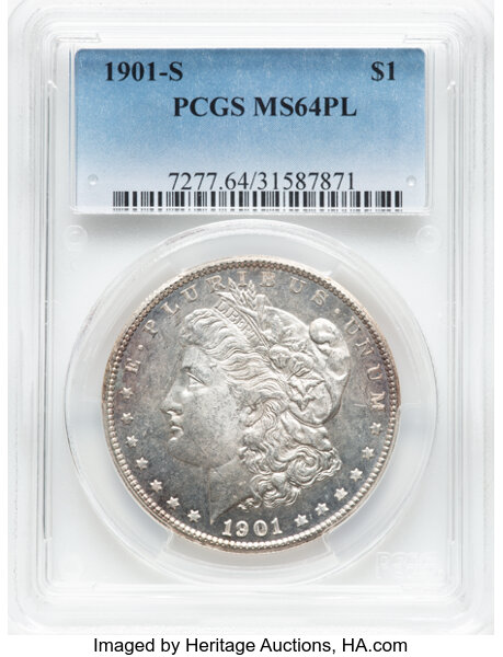 image for: 1901-S $1 MS64 Prooflike PCGS. The San Francisco Mint produced over 2.28 million Morgans in 1901, and in non-Prooflike the ...