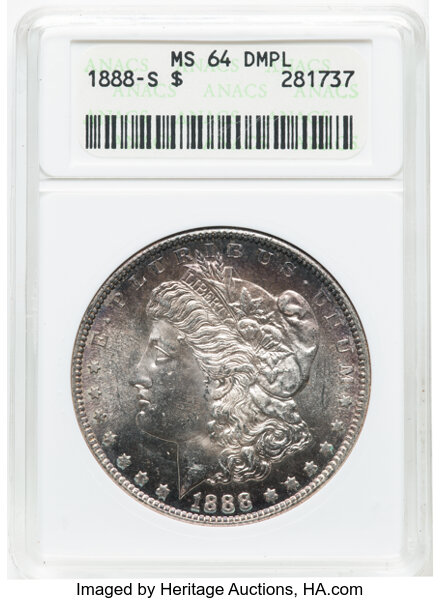 image for: 1888-S $1 MS64 Deep Mirror Prooflike ANACS. Housed in a small-sized holder....