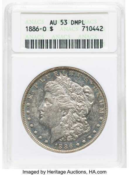 image for: 1886-O $1 AU53 Deep Mirror Prooflike ANACS. Housed in a small-sized holder....