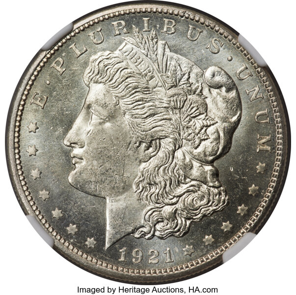 image for: 1921-S $1 MS64 Prooflike NGC. This is one of only five MS64 Prooflike pieces at NGC, where a single MS65 Prooflike coin is ...
