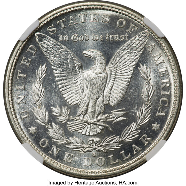 image for: 1885-S $1 MS65 Prooflike NGC. A brilliant and frosty coin with bright mirror fields and softly frosted luster over the bold...
