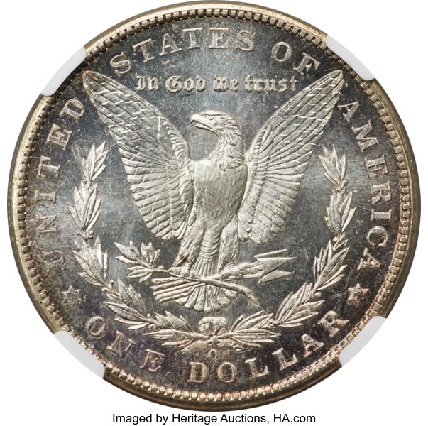 image for: 1901-O $1 MS65 Deep Prooflike NGC. Glass-like fields and satiny devices enjoy brilliant color throughout each side, save fo...