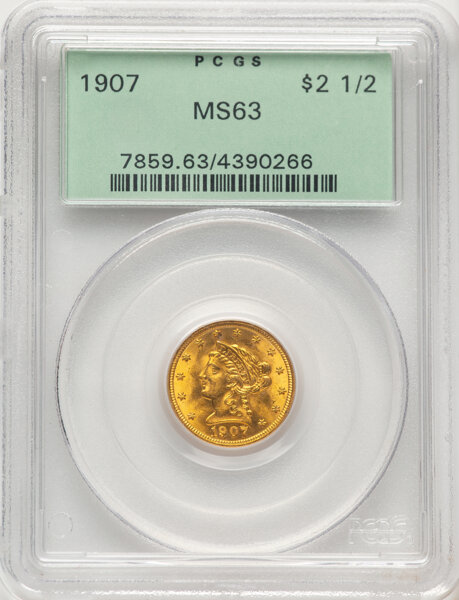 1907 $2 1/2 MS63 PCGS. Housed in a Generation 3.1 green label holder. Mintage 336,200....