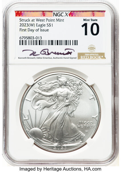 image for: 2023-(W) $1 Silver Eagle, Struck at West Point, First Day Issue, Mint State 10 NGCX. Kenneth Bressett. Authentic Hand-Signe...
