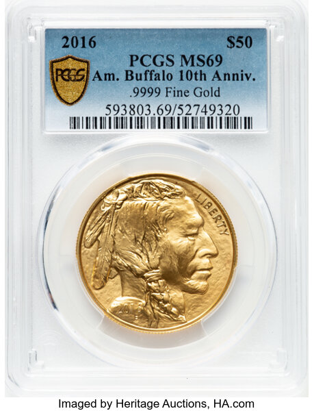 image for: 2016 $50 One-Ounce Gold Buffalo, 10th Anniversary, .9999 Fine, MS69 PCGS....