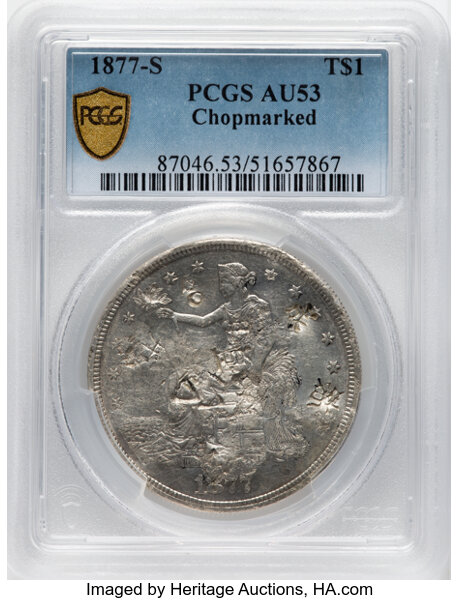 image for: 1877-S T$1 Chop Mark AU53 PCGS. PCGS Population: (25/204).  ...