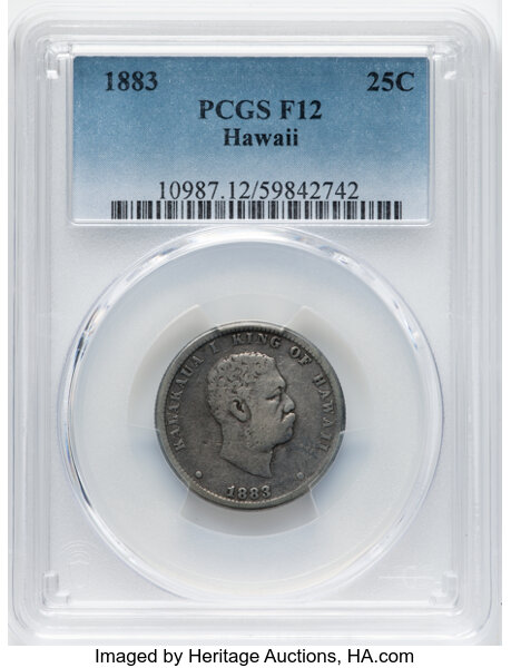1883 25C Hawaii Quarter Fine 12 PCGS. PCGS Population: (19/2731). Mintage 242,600. ...