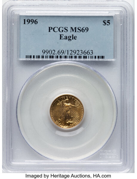 image for: 1996 $5 Tenth-Ounce Gold Eagle MS69 PCGS.  Mintage 401,964. ...