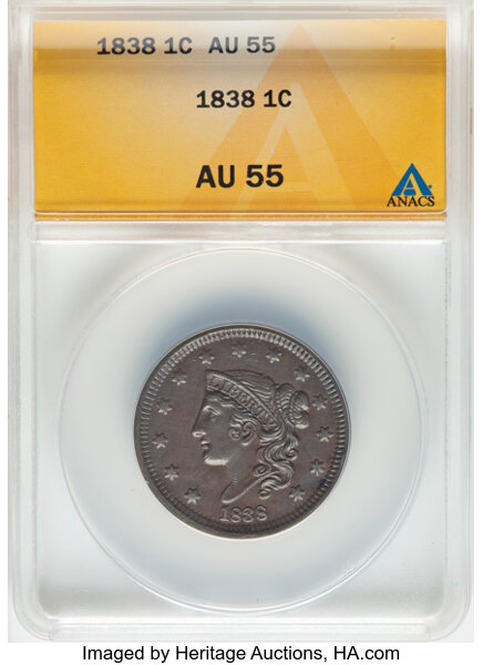 image for: 1838 1C N-1, R.1, AU55 ANACS.  Mintage 6,370,200....