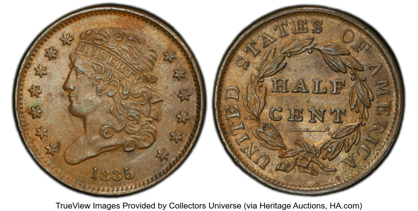 image for: 1835 1/2 C C-1, B-1, R.1, MS62 Brown PCGS.  Mintage 398,000....